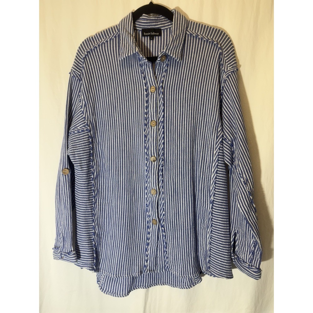 Ronnie Salloway Button Up Shirt Blue White Striped Long Sleeve Medium M3